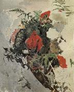 Mikhail Vrubel Red Flowers and Begonia Leaves in a basket china oil painting reproduction